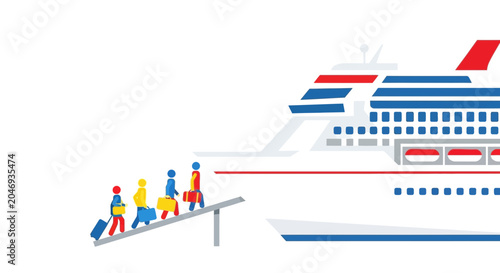 Tableau sur toile People boarding cruise ship with luggage, vacation travel concept illustration