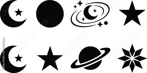 Celestial moon star planet and galaxy icon set featuring astronomy space symbols and cosmic elements
