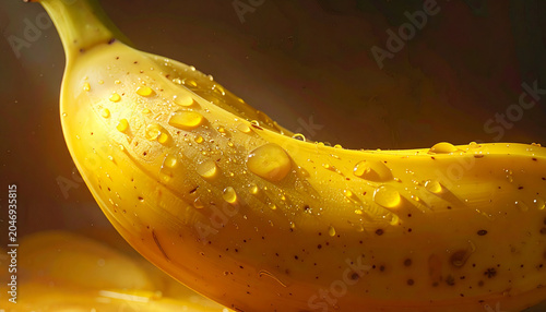 Close up of a ripe banana with water droplets isolated on dark backdrop