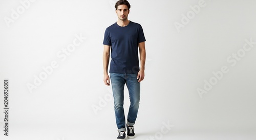 自然体で立つ男性 シンプルなネイビーTシャツとジーンズスタイルがクリーンな印象. AI Generated