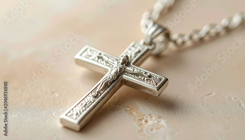 Close up of a silver crucifix pendant with intricate details on neutral backdrop