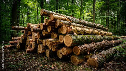 Large pile of freshly cut tree logs stacked inside a green forest. Concept of logging industry, timber harvesting, forestry management, deforestation, wood production, and environmental impact.