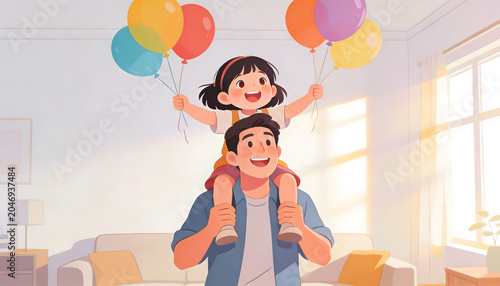 Cheerful father carrying his young daughter on his shoulders while she holds colorful balloons indoors. Family bonding, parenting, happiness, childhood memories, and joyful moments at home.