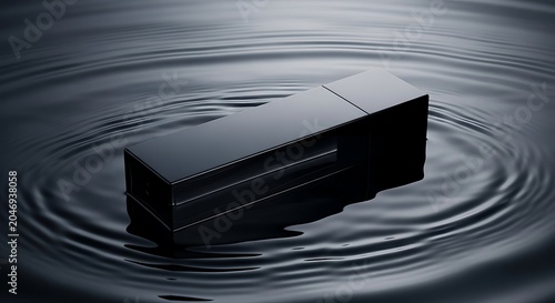 Minimalist black perfume bottle floating on reflective water surface in moody lighting