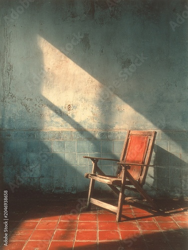 abandoned wooden chair in vintage room with sunlight shadow