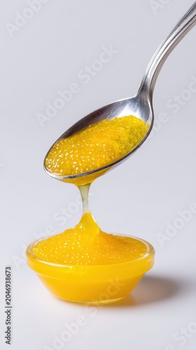 Fresh golden caviar pouring from a silver spoon into a glass bowl