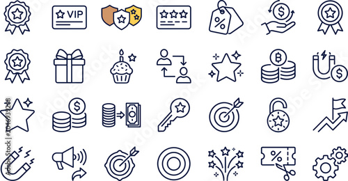 Photos Customer Loyalty Program and VIP Reward Line Icon Set Featuring Discounts Referr