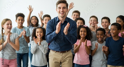 降り注ぐ温かい明るい自然光の中で笑顔輝く先生と多様な子供たちが心から拍手し合い喜びと一体感を分かち合う希望の瞬間. AI Generated