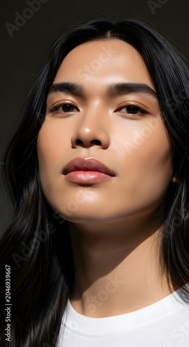 Portrait of a young woman with long hair and natural makeup