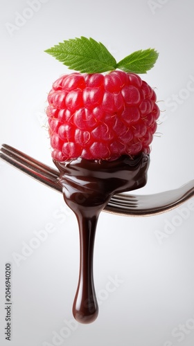 Fresh raspberry dipped in dripping liquid dark chocolate on a fork