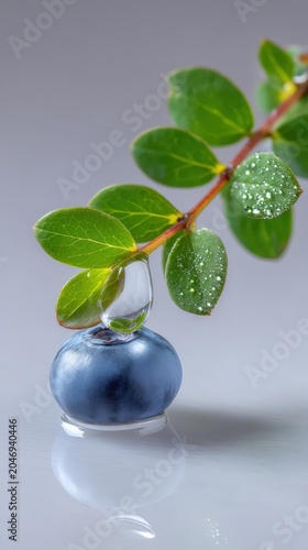A single fresh blueberry with a dewdrop dripping from a green leaf