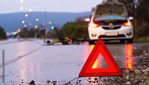 Car Breakdown on Wet Road with Warning Triangle.