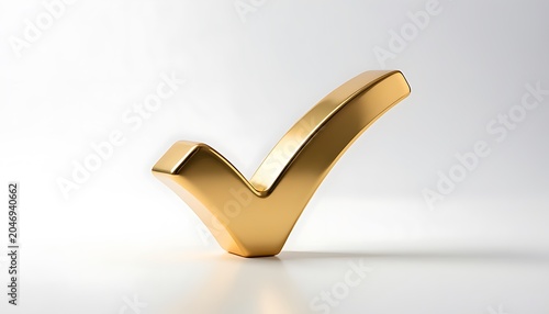 A shiny golden checkmark sits on a white surface with a subtle shadow.