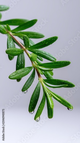 Fresh green rosemary sprig with clear water droplets on grey background