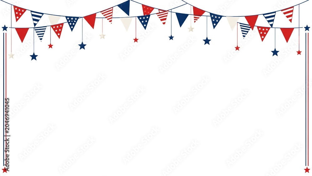 Fototapeta premium Patriotic USA Bunting Garland Border with Red White and Blue Flags and Hanging Stars Isolated on White Background Patriotic Celebration Banner Layout