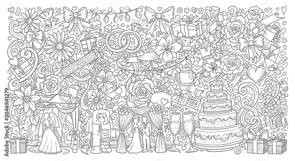 Obraz premium Intricate Wedding Celebration Doodle Coloring Page with Cake and Flowers