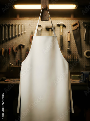 White barbecue apron hanging in workshop ready for dad jokes and crafts