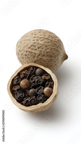 Cracked open peppercorn pod revealing multiple peppercorn seeds inside