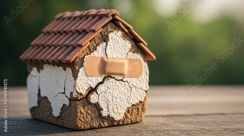 Miniature house model displaying cracked foundation and band-aid symbol of home repair and structural damage on weathered wooden surface in outdoor setting.