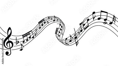 Elegant flowing musical staff featuring professional treble clef and various rhythmic black notes creating a dynamic melodic composition for artistic print projects and creative media designs presente