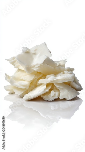 A pile of white wax flakes with reflection on a white background