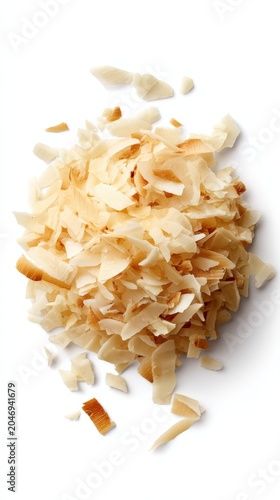 A pile of toasted coconut flakes isolated on white background