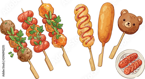 Foto Korean Street Food Vector Set Featuring Corn Dogs, Yakitori Skewers, Meatballs,