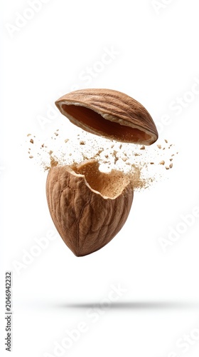 A single almond nut cracking open with shell particles isolated on white