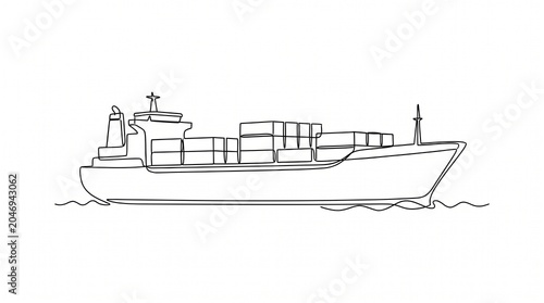 Continuous one line drawing of a cargo ship with containers. Minimalist maritime freight transport illustration.