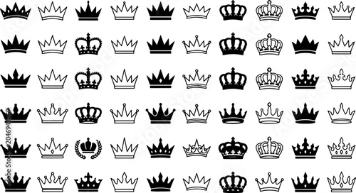 Cuadro en lienzo Large vector collection of royal crown icons presented in a grid layout, featuring a wide variety of majestic headwear in alternating solid black silhouettes and clean black outline designs