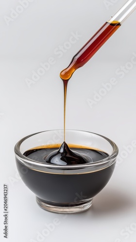 Vanilla extract dripping from glass dropper into small bowl