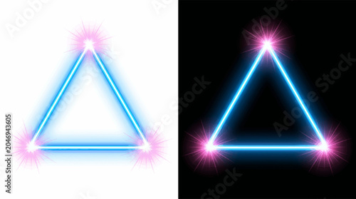 Bild auf Leinwand Vector illustration of a glowing blue neon triangle frame with pink light flares at each vertex, presented side-by-side on contrasting solid white and black backgrounds