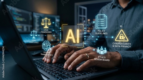 Artificial intelligence and law concept. Businessman working on laptop with icons of AI regulation, policy, ethics, and legal risk. Responsible AI technology and compliance standards.