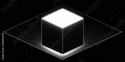 futuristic digital cube in space with particle effects and starfield background