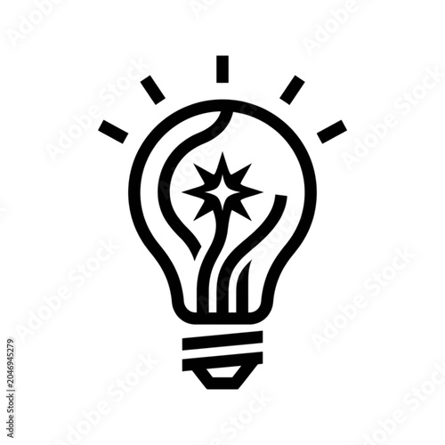 Minimalist light bulb with glowing star inside icon. Classic symbol of bright idea, brilliant mind, creative spark, sudden inspiration, innovation, and smart solution. Black line vector illustration.