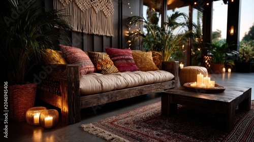 A bohemian-style living room with a low rattan sofa