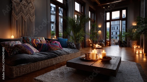 A bohemian-style living room with a low rattan sofa