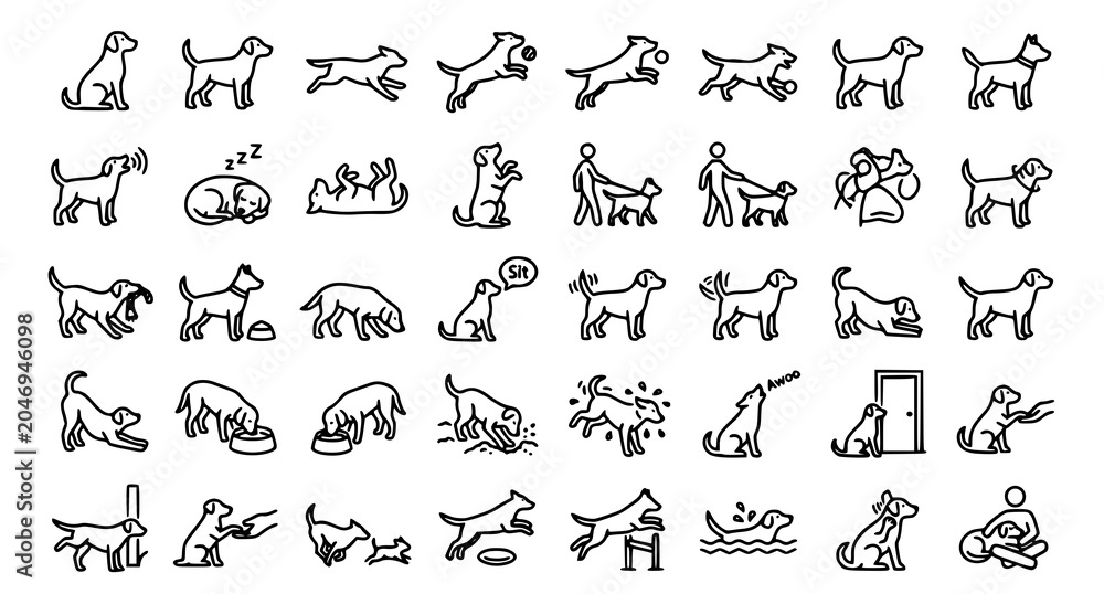 Naklejka premium Dog Activity and Behavior Black White Outline Icon Set Vector Illustration