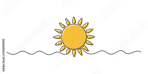 Valokuva Continuous single line drawing of a bright yellow sun rising over a wavy horizon