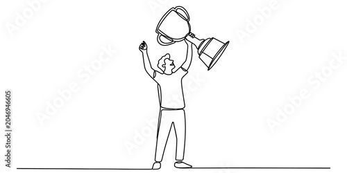 Canvastavla Continuous one line drawing of a happy man holding up a big trophy cup as a symb