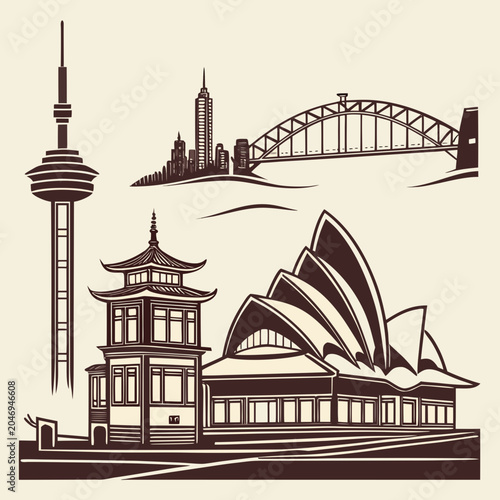 Fotografia Vintage style silhouette collection of world landmarks and city skyline with sil