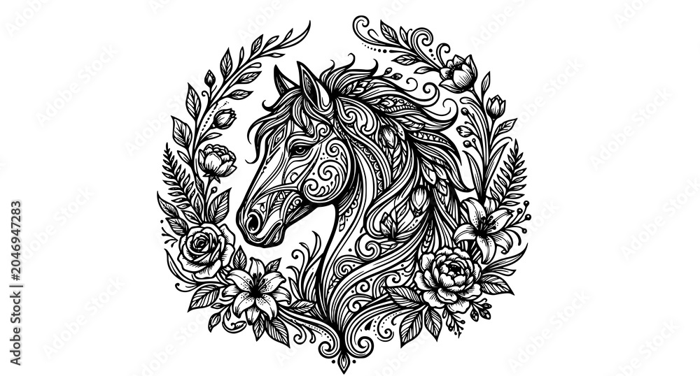 Obraz premium Decorative horse head with floral ornament vector tattoo style illustration