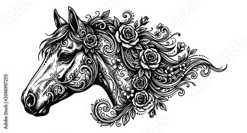 Obraz na plátne Horse head ornament floral tattoo vector decorative equine illustration design