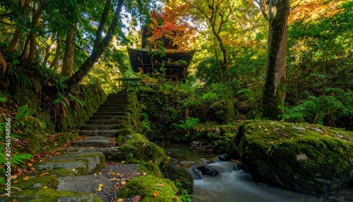 Temple Steps in Autumn Forest.