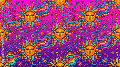 Vibrant abstract sun pattern creates a lively summer design on a colorful background with smiling suns and swirling shapes.