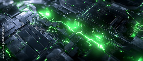 Cinematic, high-tech digital rendering of a CPU on a circuit board. Central processor block: dark forest-green. Cloud icon: vibrant, glowing emerald. Energy lines: glowing toxic-lime