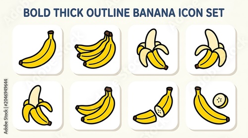 Bold thick outline banana icon set collection.