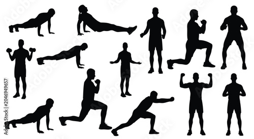Fitness workout silhouettes of man exercising with dumbbells on white background, various poses