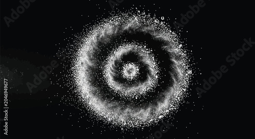 Cosmic swirling particle spiral on dark background with futuristic digital design elements