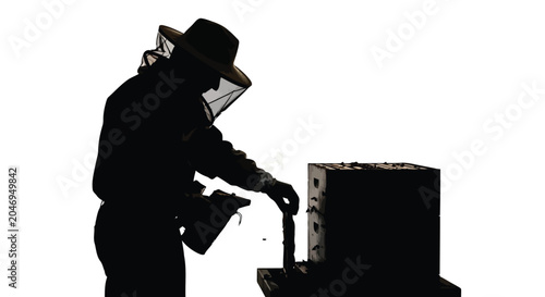 Beekeeping silhouette, beekeeper working with smoker and hive on white background, apiculture scene